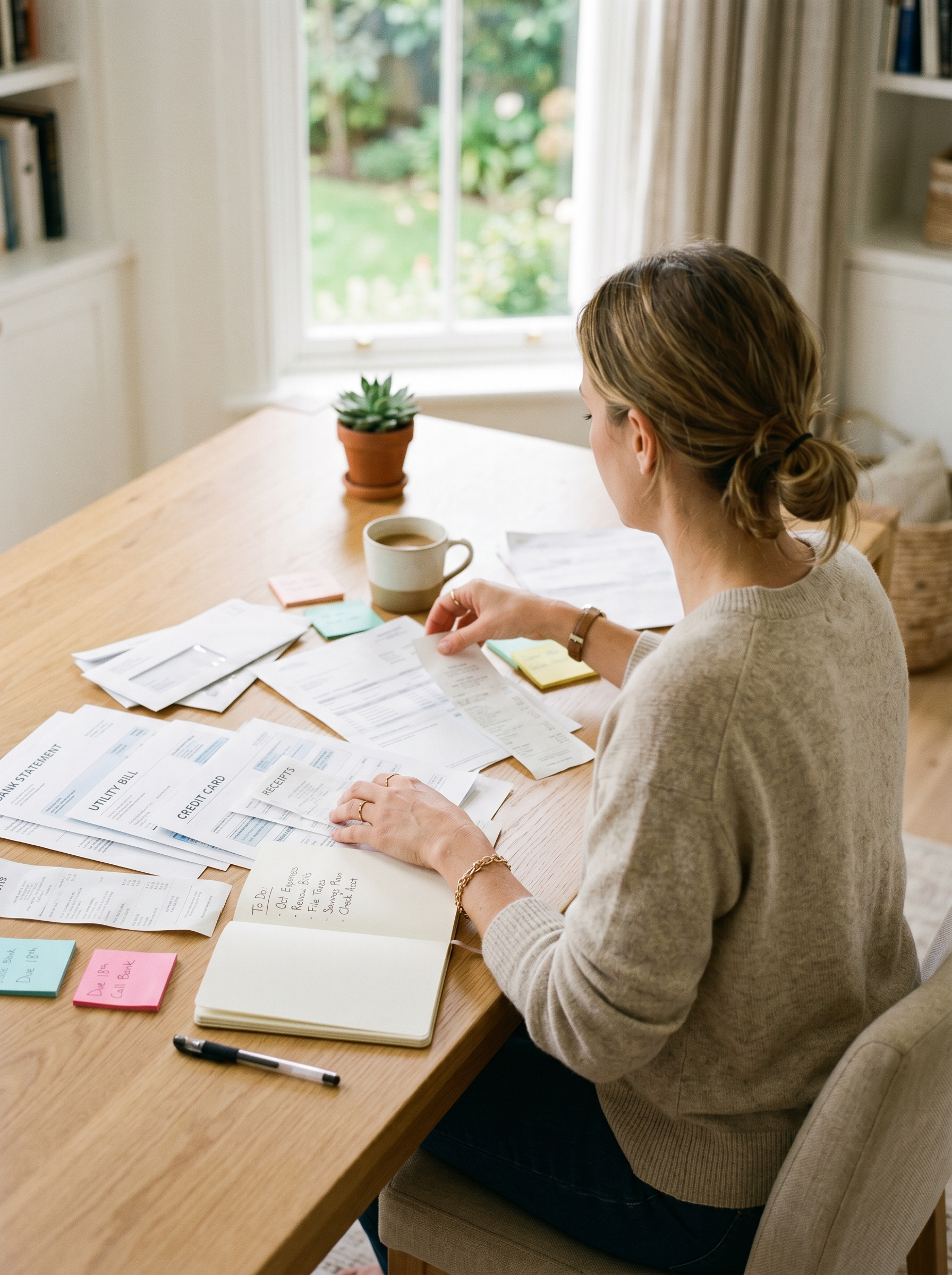 A confident, professional female financial coach at her desk