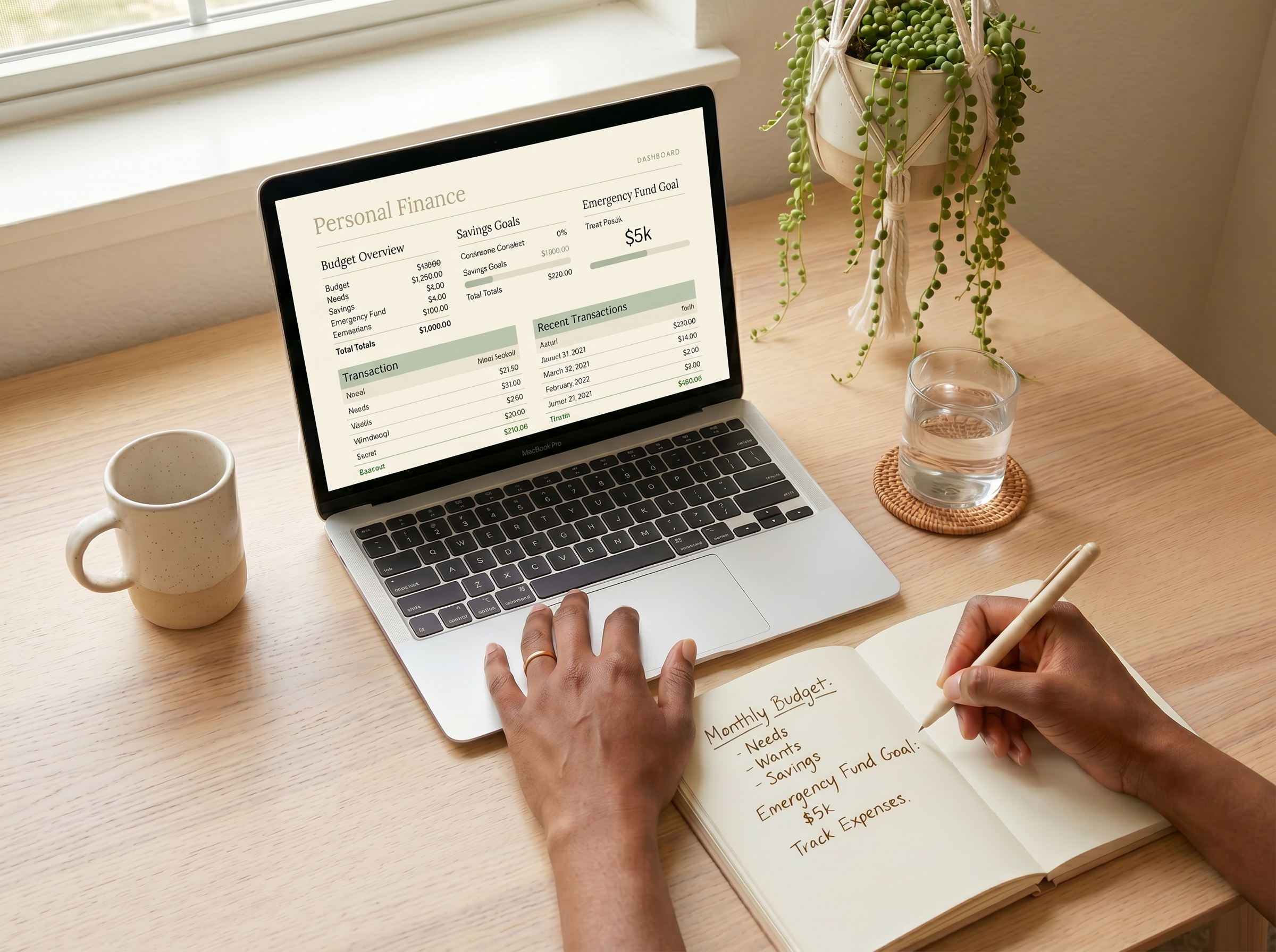Financial documents and a sleek digital tablet on a light wood desk, illuminated by soft natural light with warm cream and deep red accents.